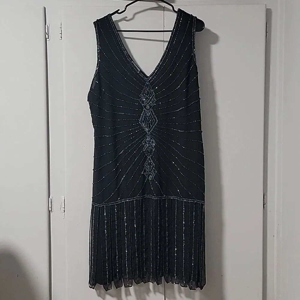 unique vintage beaded flapper dress Unique Vintage 1920s Black Beaded Fringe Sleeve Nadine Flapper Dress